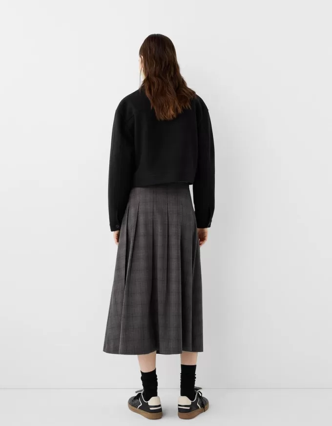 Fusta midi cu pliuri cutie cu detaliu curea Fusta midi cu pliuri cutie cu detaliu curea