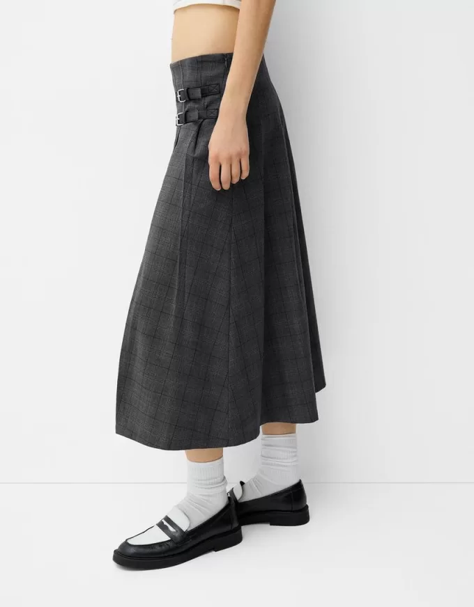 Fusta midi cu pliuri cutie cu detaliu curea Fusta midi cu pliuri cutie cu detaliu curea