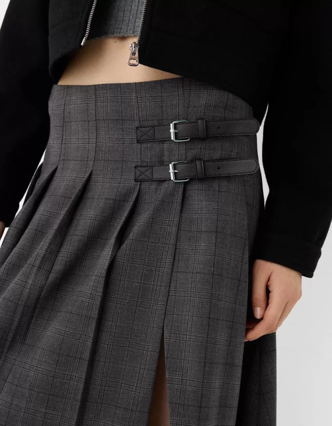 Fusta midi cu pliuri cutie cu detaliu curea Fusta midi cu pliuri cutie cu detaliu curea