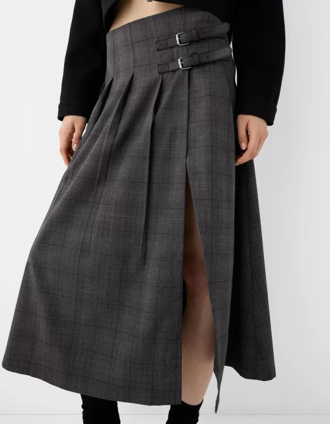Fusta midi cu pliuri cutie cu detaliu curea Fusta midi cu pliuri cutie cu detaliu curea