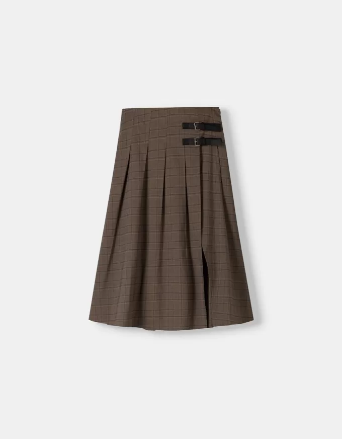 Fusta midi cu pliuri cutie cu detaliu curea Fusta midi cu pliuri cutie cu detaliu curea
