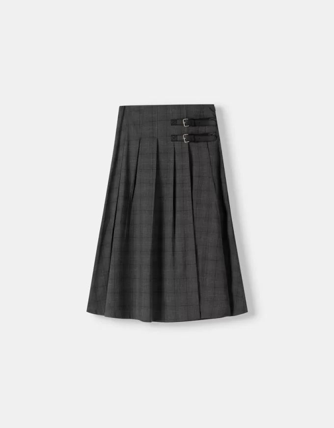 Fusta midi cu pliuri cutie cu detaliu curea Fusta midi cu pliuri cutie cu detaliu curea