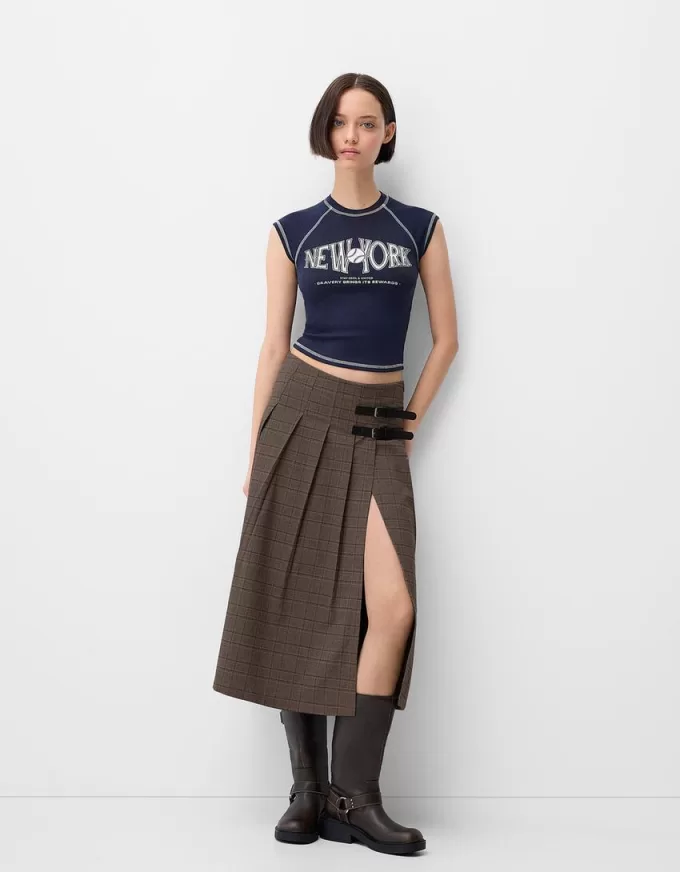 Fusta midi cu pliuri cutie cu detaliu curea Fusta midi cu pliuri cutie cu detaliu curea
