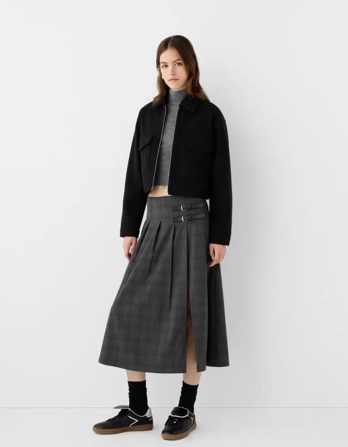 Fusta midi cu pliuri cutie cu detaliu curea Fusta midi cu pliuri cutie cu detaliu curea