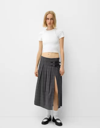 Fusta midi cu pliuri cutie cu detaliu curea