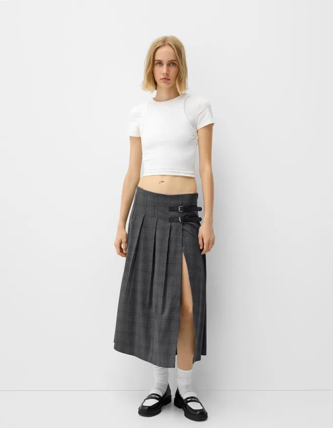Fusta midi cu pliuri cutie cu detaliu curea Fusta midi cu pliuri cutie cu detaliu curea
