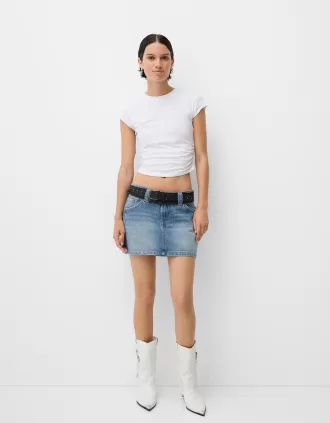 Fusta mini denim cu centura