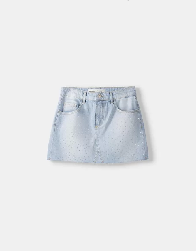 Fusta mini din denim cu stras Fusta mini din denim cu stras