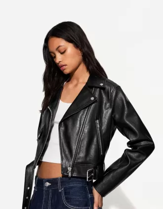 Geaca biker cu efect de piele