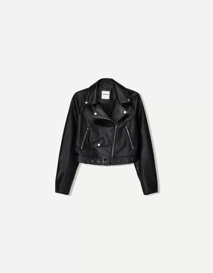 Geaca biker cu efect de piele