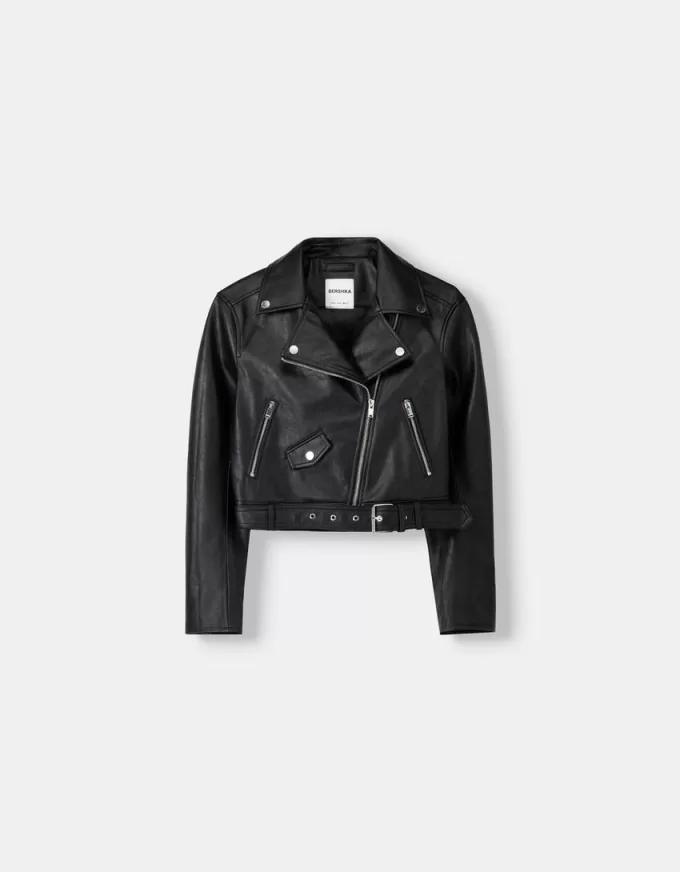 Geaca biker cu efect de piele