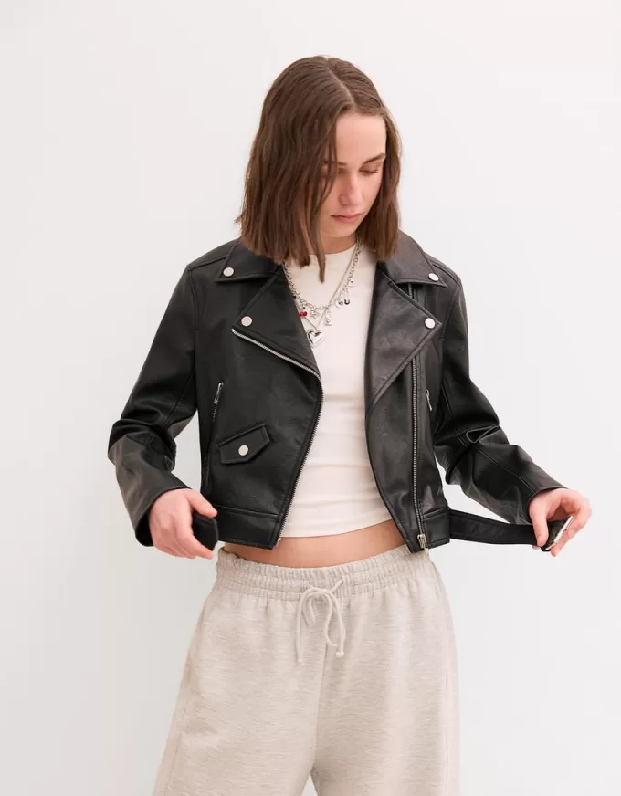 Geaca biker cu efect de piele