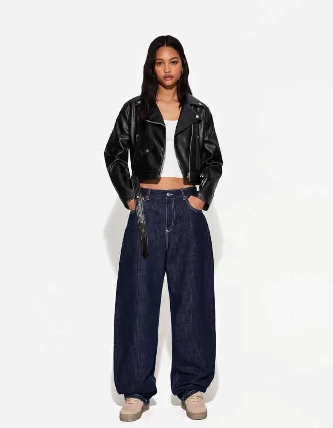 Geaca biker cu efect de piele