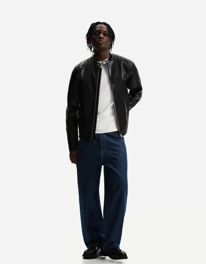 Geaca biker cu efect piele cu fermoare Geaca biker cu efect piele cu fermoare