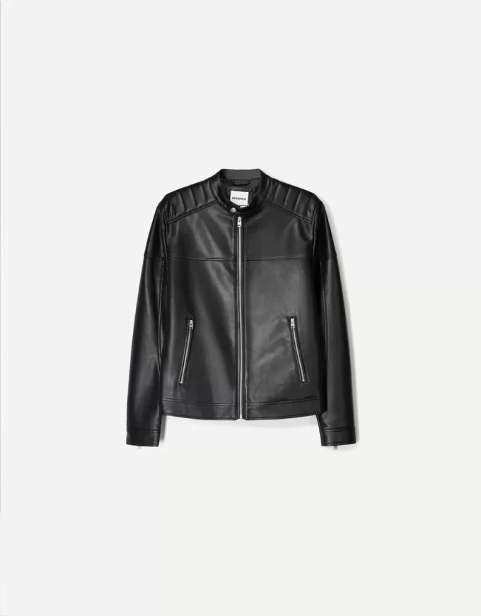 Geaca biker cu efect piele cu fermoare Geaca biker cu efect piele cu fermoare