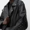 Geacă biker din piele cu detaliu cravată Geacă biker din piele cu detaliu cravată