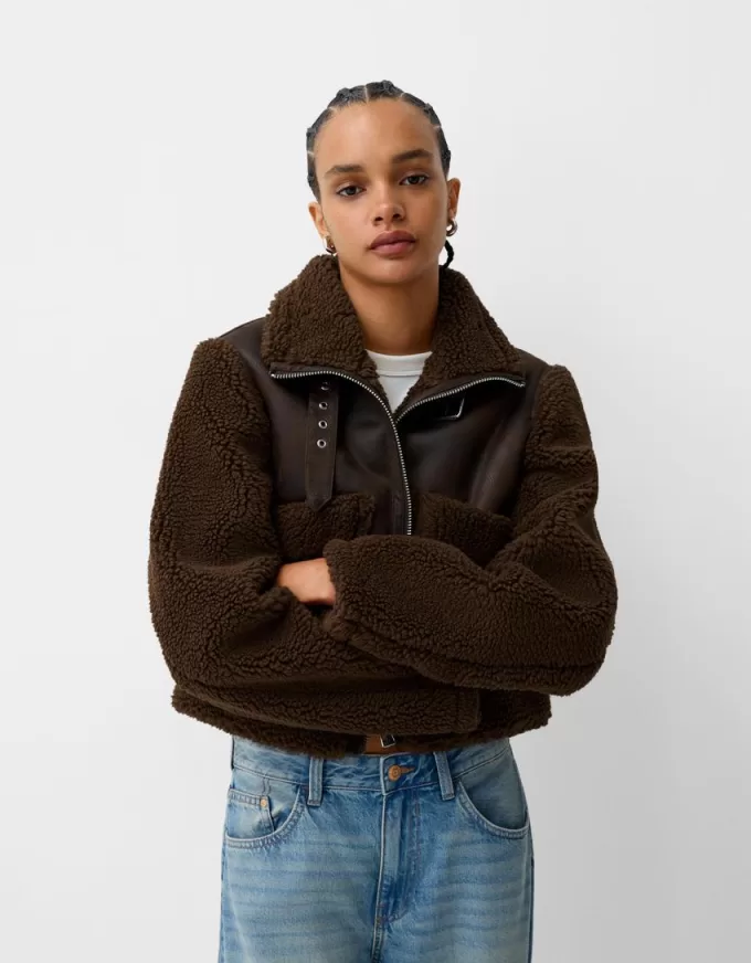 Jachetă cu două fețe, cu mâneci din imitație de shearling Jachetă cu două fețe, cu mâneci din imitație de shearling