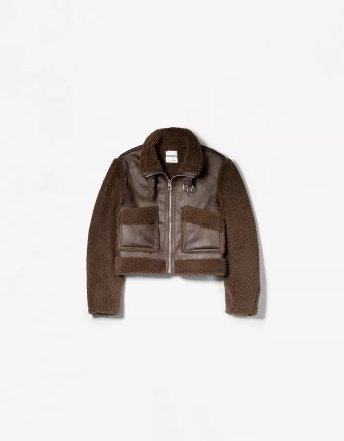 Jachetă cu două fețe, cu mâneci din imitație de shearling Jachetă cu două fețe, cu mâneci din imitație de shearling