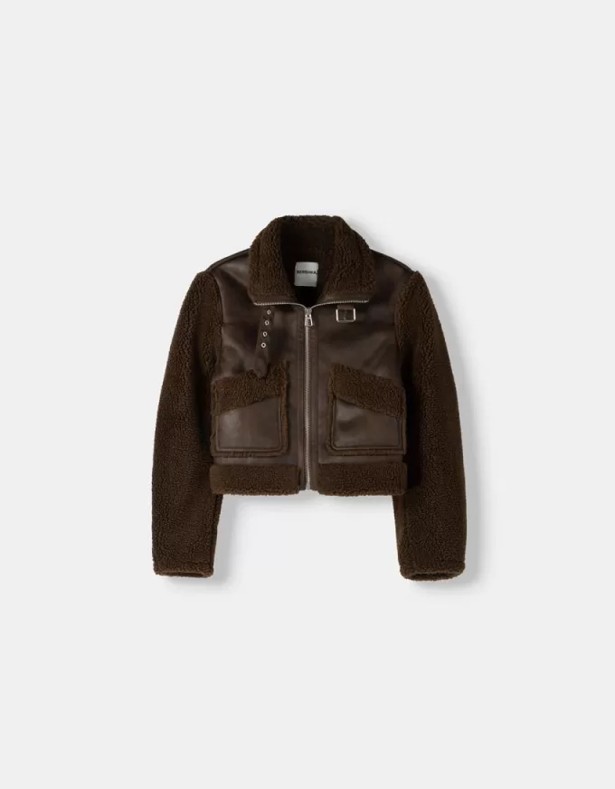 Jachetă cu două fețe, cu mâneci din imitație de shearling Jachetă cu două fețe, cu mâneci din imitație de shearling