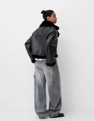 Jachetă de motociclist din faux shearling