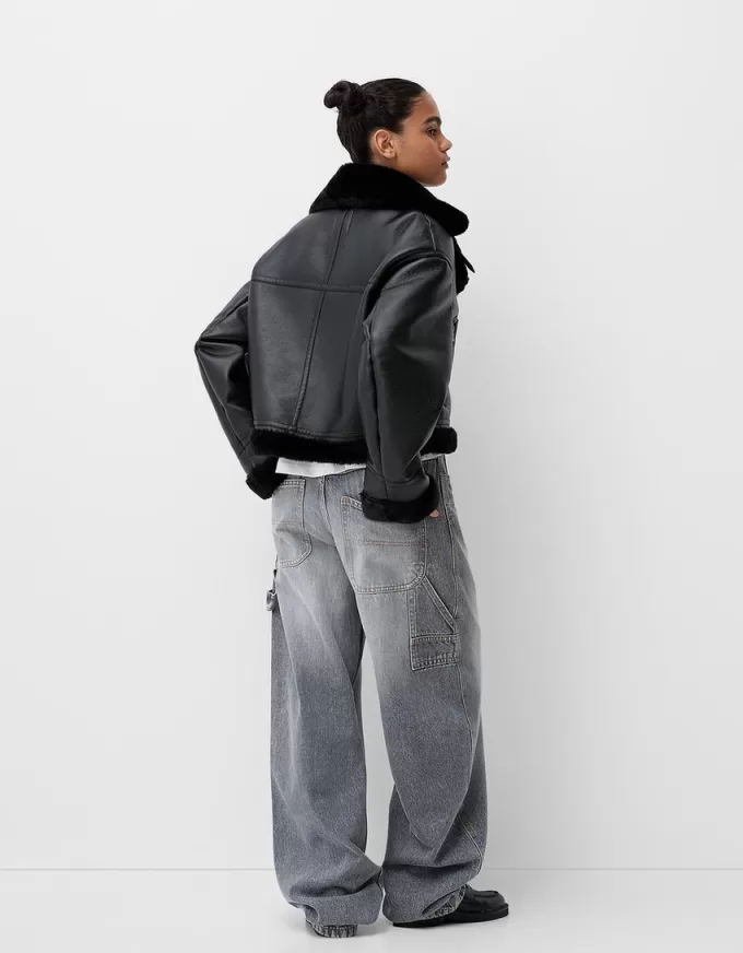 Jachetă de motociclist din faux shearling Jachetă de motociclist din faux shearling