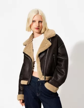 Jachetă de motociclist din faux shearling
