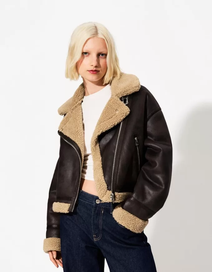 Jachetă de motociclist din faux shearling Jachetă de motociclist din faux shearling