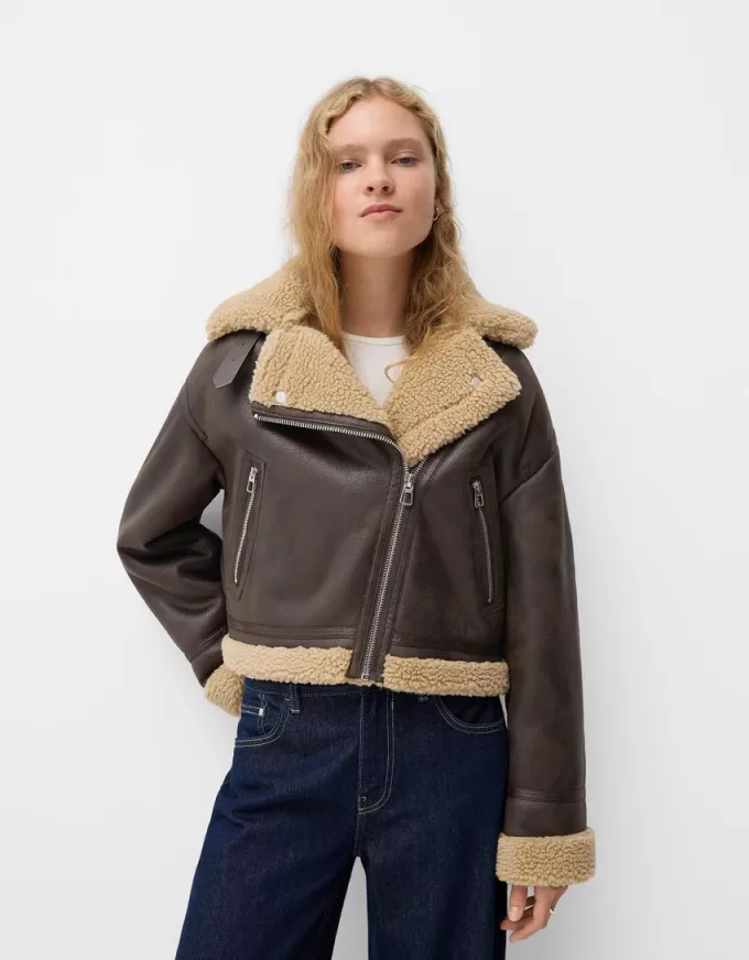Jachetă de motociclist din faux shearling Jachetă de motociclist din faux shearling