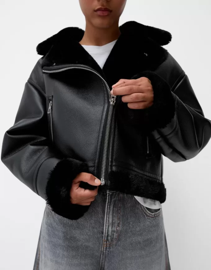 Jachetă de motociclist din faux shearling Jachetă de motociclist din faux shearling