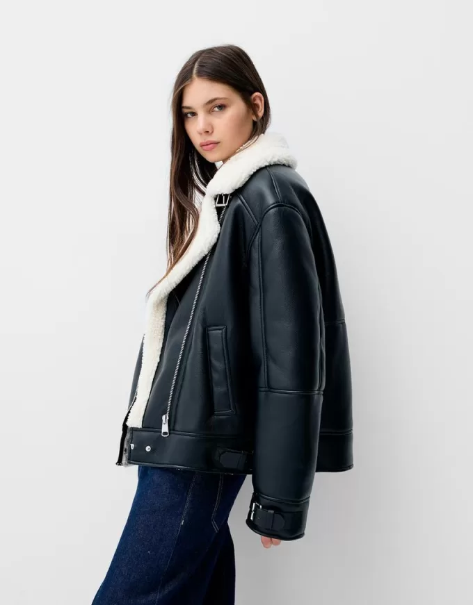 Jachetă de motociclist din faux shearling Jachetă de motociclist din faux shearling