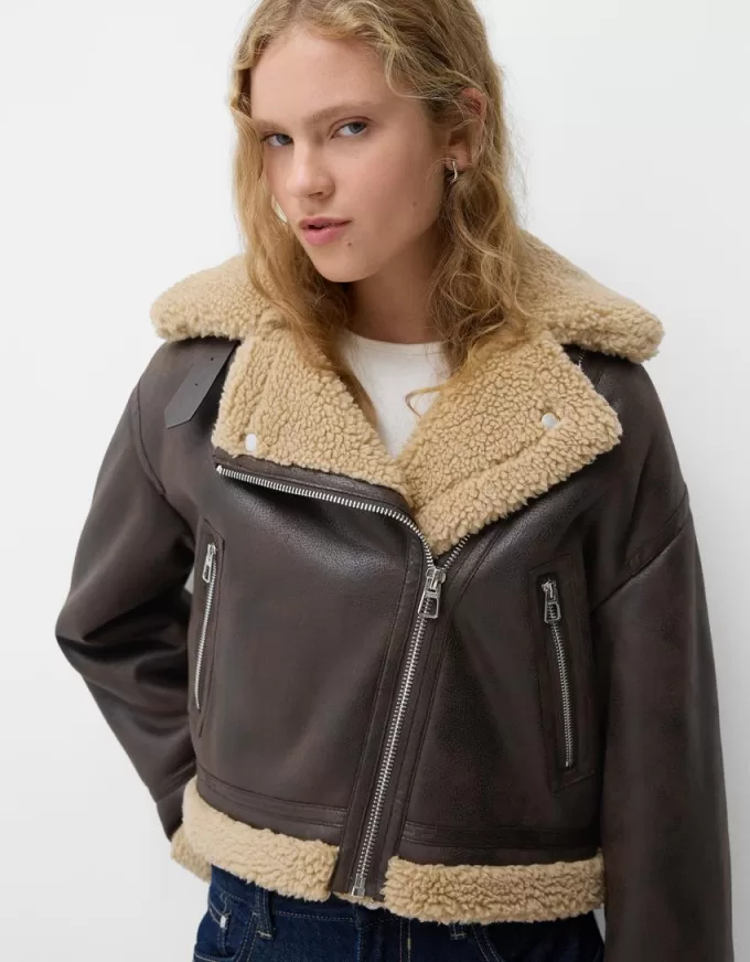 Jachetă de motociclist din faux shearling Jachetă de motociclist din faux shearling