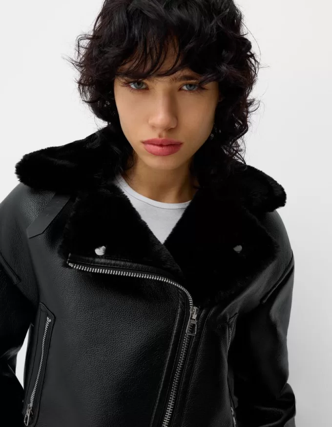 Jachetă de motociclist din faux shearling Jachetă de motociclist din faux shearling