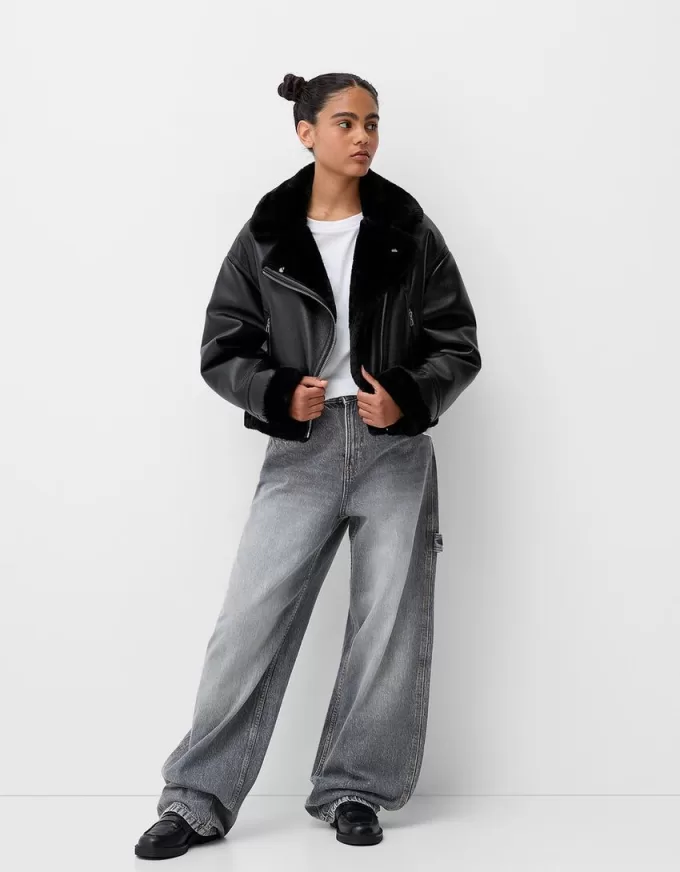 Jachetă de motociclist din faux shearling Jachetă de motociclist din faux shearling