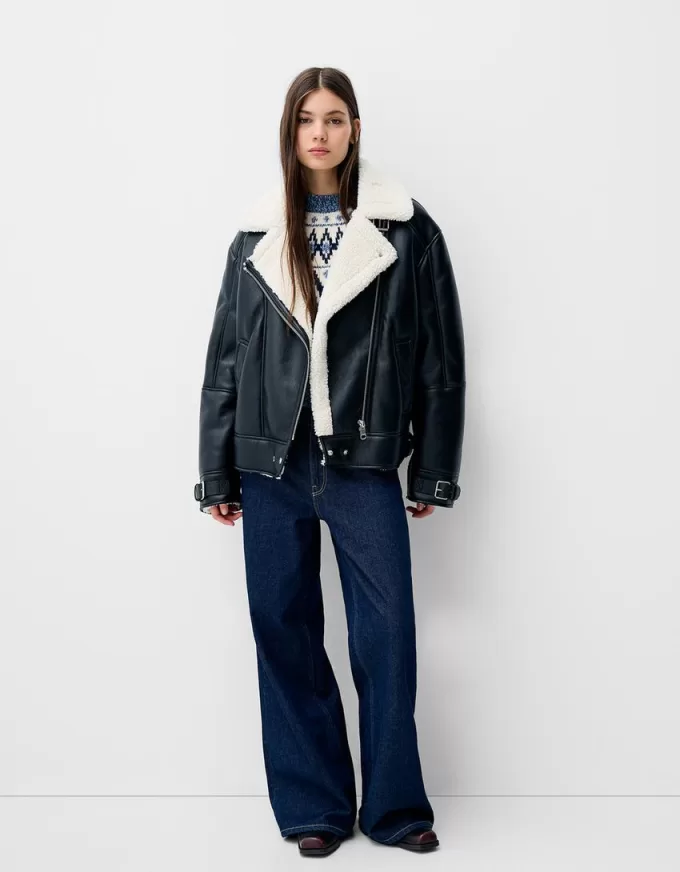 Jachetă de motociclist din faux shearling Jachetă de motociclist din faux shearling