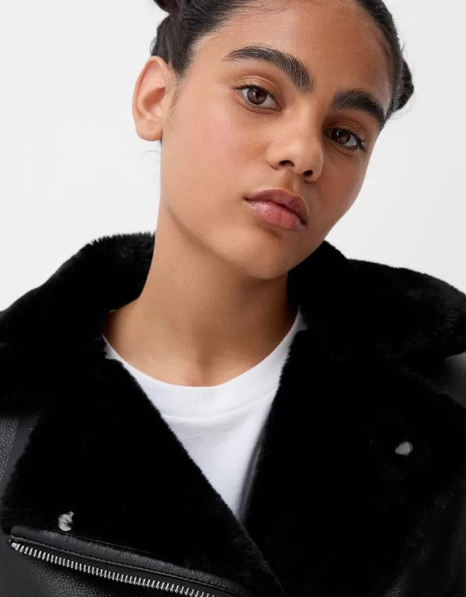 Jachetă de motociclist din faux shearling Jachetă de motociclist din faux shearling