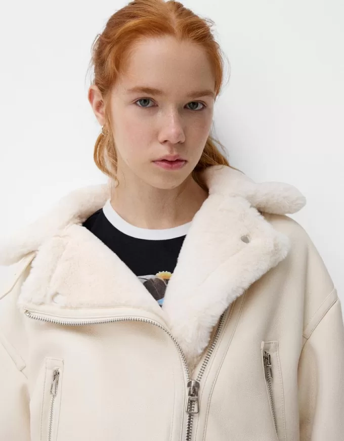 Jachetă de motociclist din faux shearling Jachetă de motociclist din faux shearling