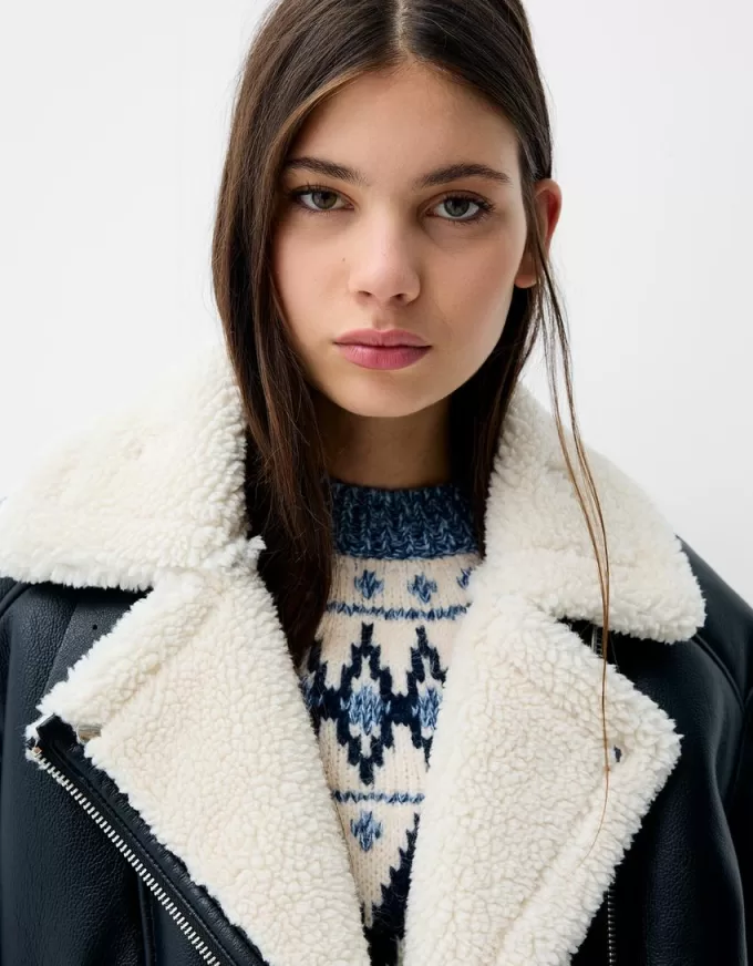 Jachetă de motociclist din faux shearling Jachetă de motociclist din faux shearling