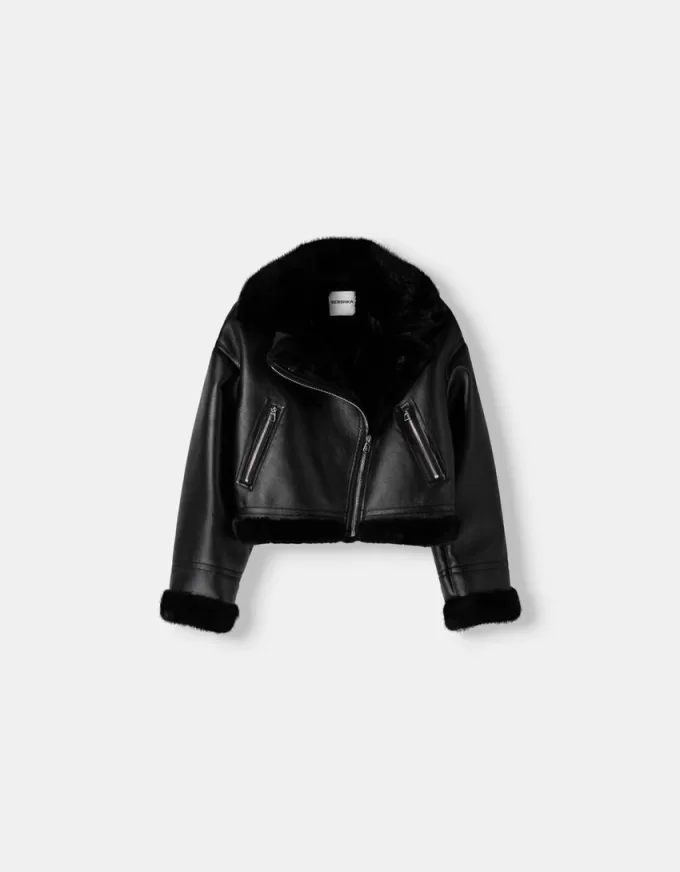 Jachetă de motociclist din faux shearling Jachetă de motociclist din faux shearling