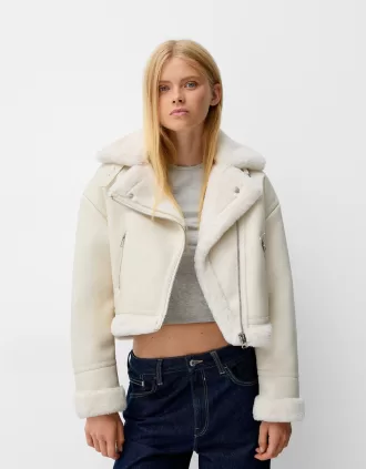 Jachetă de motociclist din faux shearling