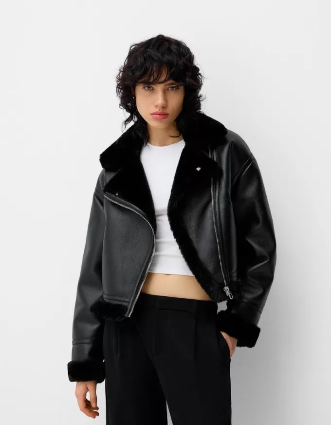 Jachetă de motociclist din faux shearling Jachetă de motociclist din faux shearling