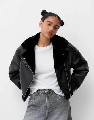 Jachetă de motociclist din faux shearling