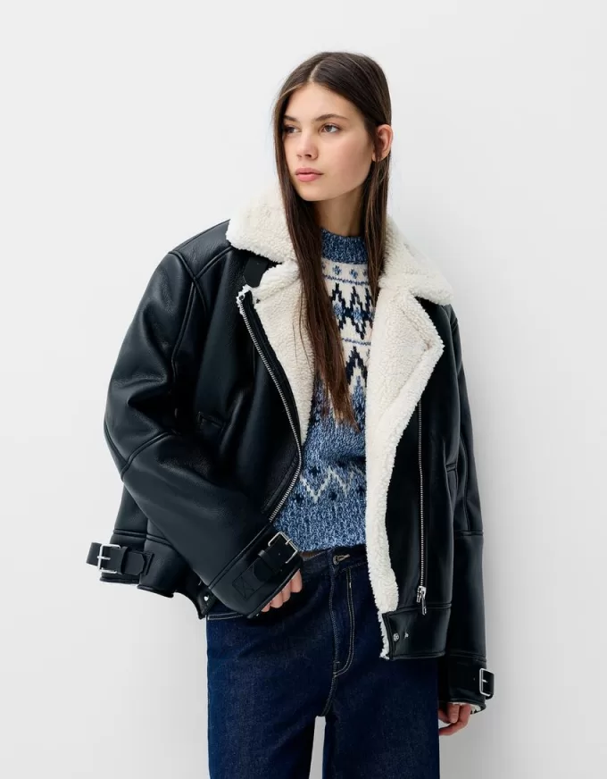 Jachetă de motociclist din faux shearling Jachetă de motociclist din faux shearling