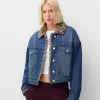 Jachetă din denim cu guler de blană artificială cu imprimeu animal Jachetă din denim cu guler de blană artificială cu imprimeu animal
