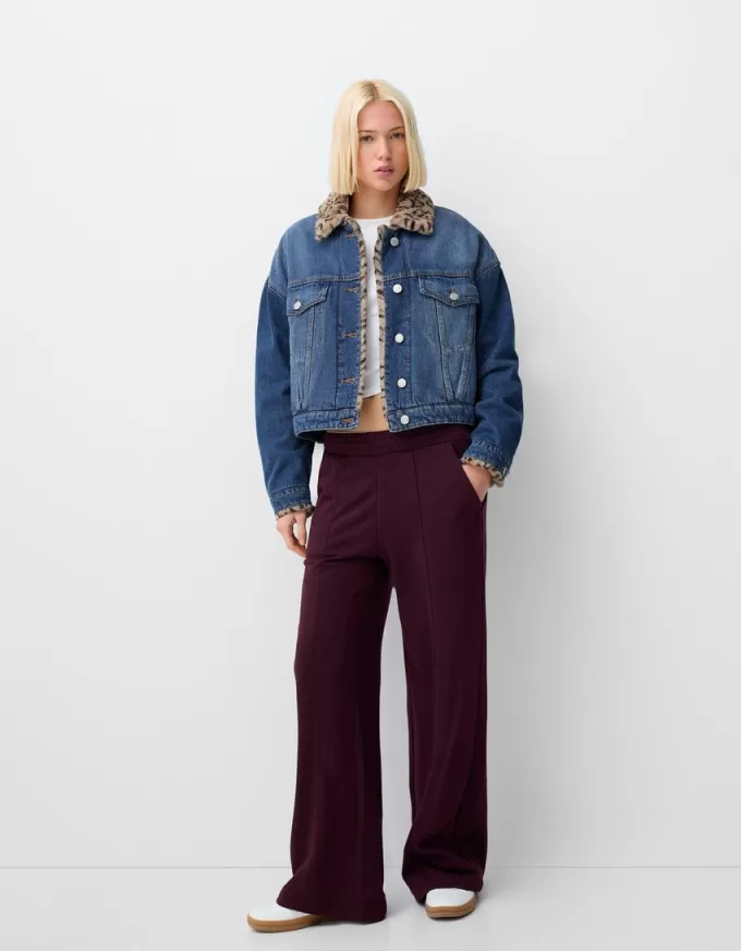 Jachetă din denim cu guler de blană artificială cu imprimeu animal Jachetă din denim cu guler de blană artificială cu imprimeu animal