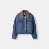 Jachetă din denim cu guler de blană artificială cu imprimeu animal Jachetă din denim cu guler de blană artificială cu imprimeu animal