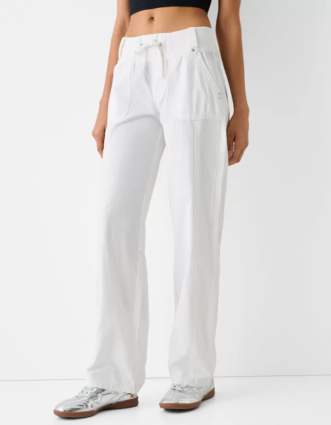 Pantaloni drepti din bumbac, cu talie cu nervuri Pantaloni drepti din bumbac, cu talie cu nervuri