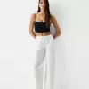 Pantaloni drepti din bumbac, cu talie cu nervuri Pantaloni drepti din bumbac, cu talie cu nervuri