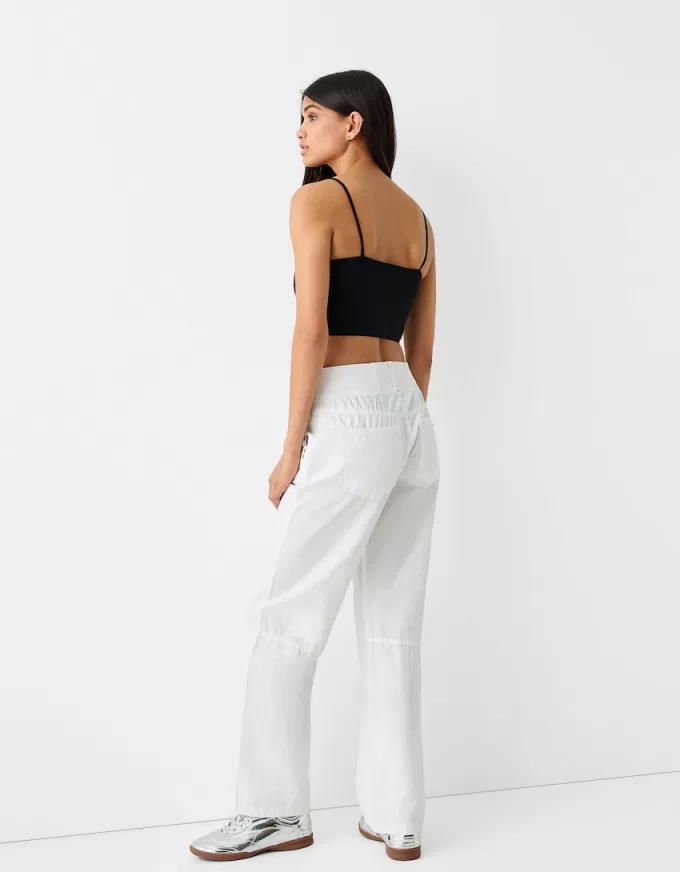 Pantaloni drepti din bumbac, cu talie cu nervuri Pantaloni drepti din bumbac, cu talie cu nervuri