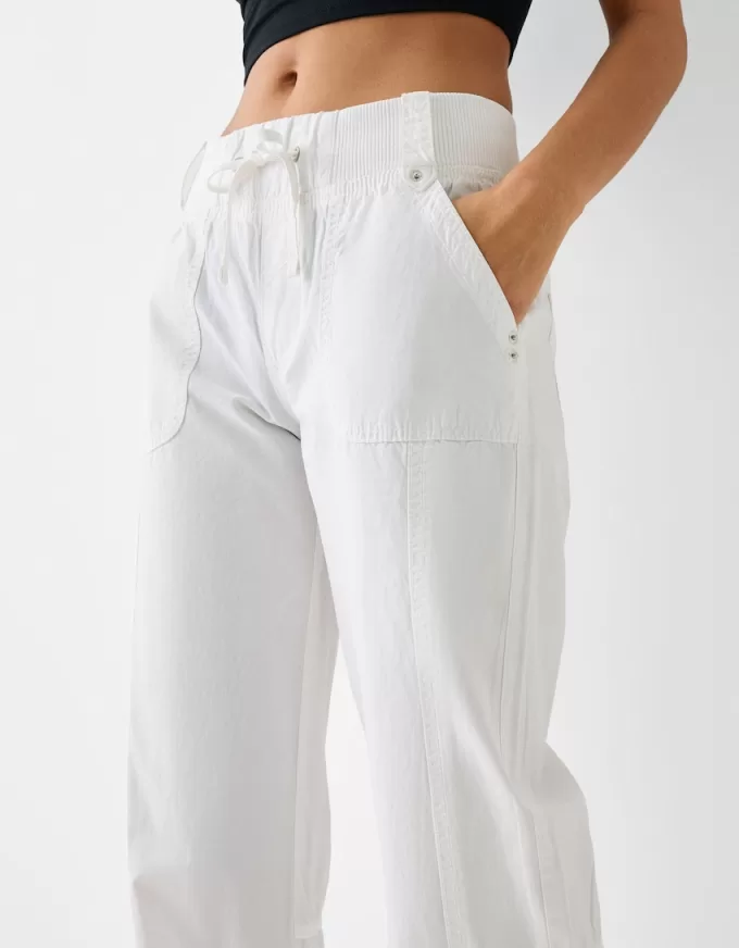 Pantaloni drepti din bumbac, cu talie cu nervuri Pantaloni drepti din bumbac, cu talie cu nervuri