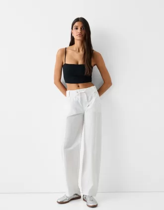 Pantaloni drepti din bumbac, cu talie cu nervuri